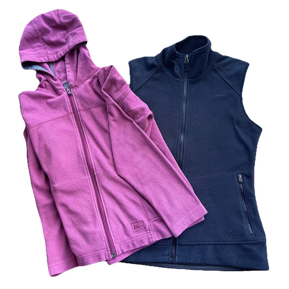 Bundle of 2 Rei Womens Fleece Jacket and Vest Size Small Pink Black Zip Front